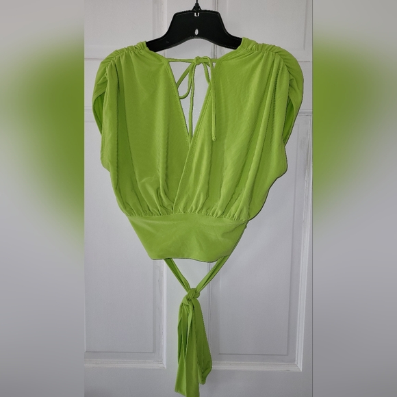 Express Smooth Matte Draped Front Tie Waist, Split Open Back Top, Lime Size XS - Picture 2 of 10